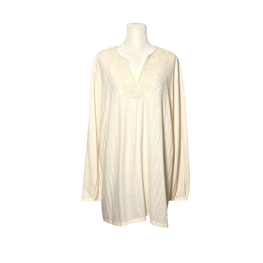 Lands End Linen Tunic Top Plus Size 1X Ivory Beaded Boho Beach Cover Up - Picture 2 of 12